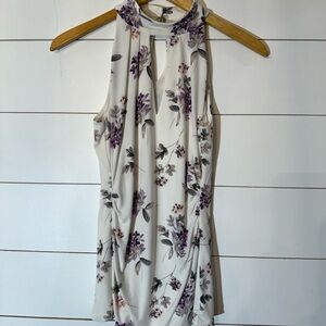 WHBM White Floral Mock Neck Sleeveless Blouse